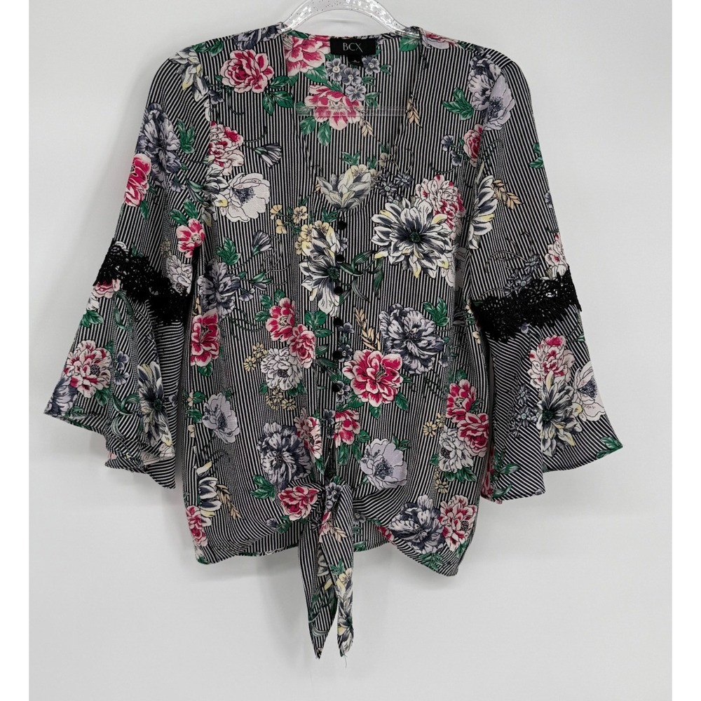 BCX Womens Sz S Floral Striped Bell Sleeve Tie Front Blouse Black Pink Crochet